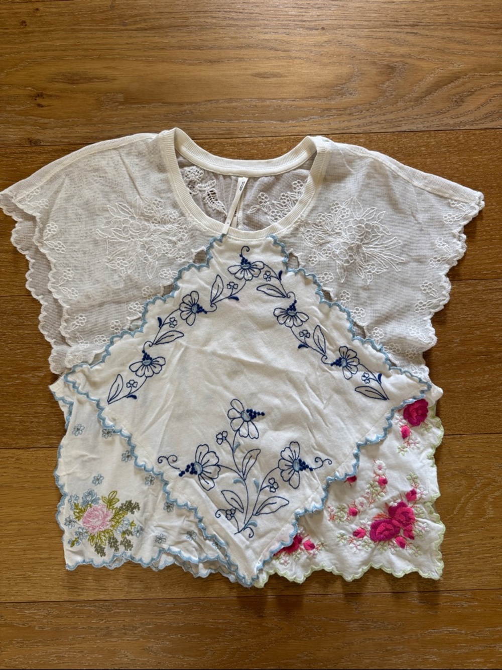 Anthropologie White Lace Top with Blue and Pink Floral Embroidery